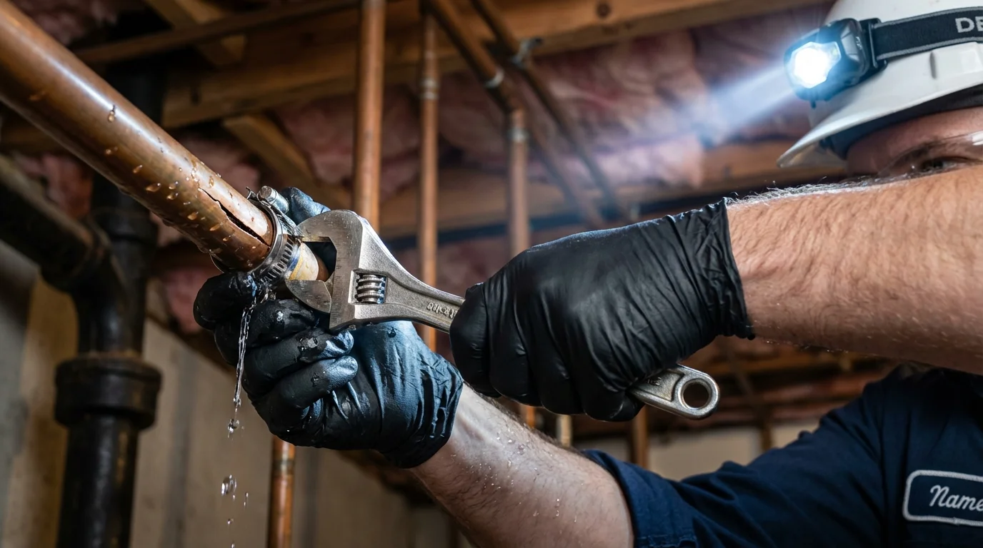 Emergency pipe clamp repair being performed by a Johns Plumbing LLC plumber in Osakis